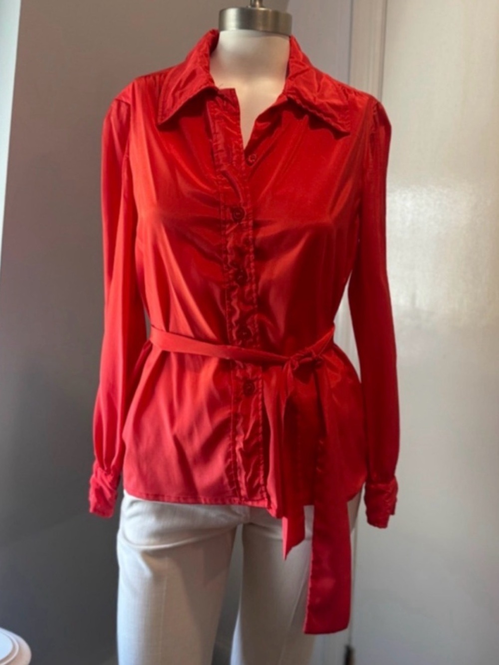 Vintage Unbranded Taffeta like Red‎ Blouse with waist Sash